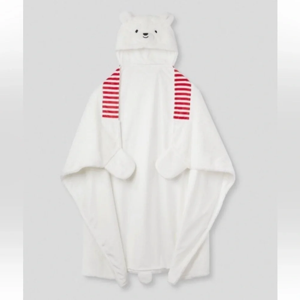 Cozy White Bear Hooded Wrap Blanket with Red Stripes NWOT